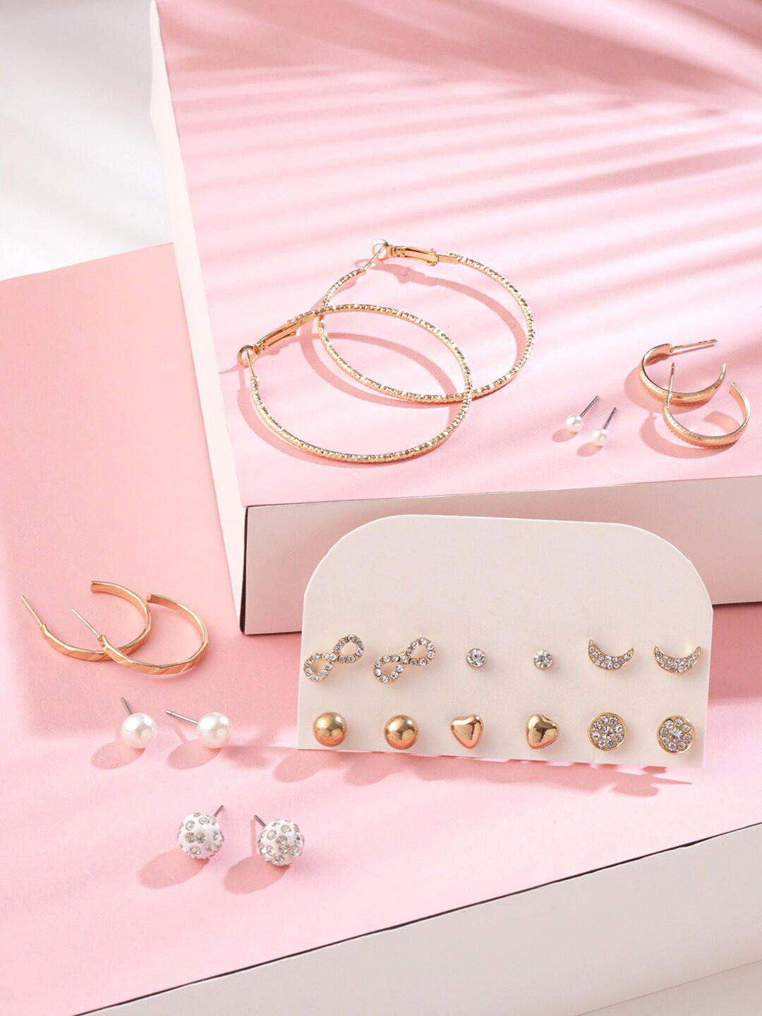 

Yellow Chimes Women Set of 9 Gold-Toned Pearl Stud Big Hoop Earring, Silver