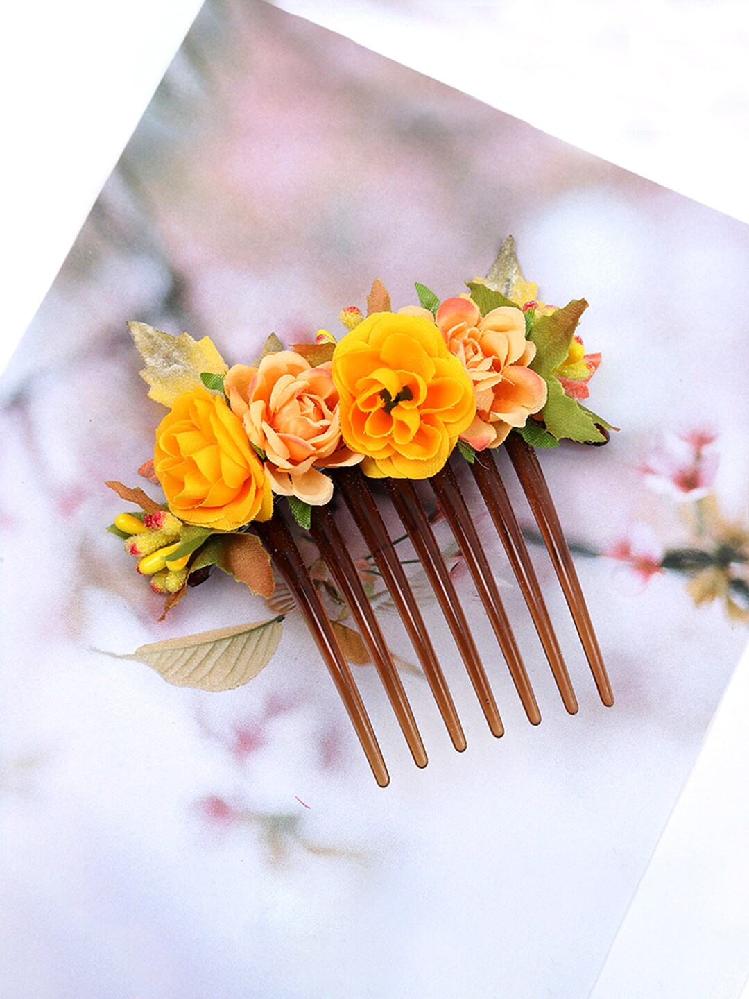 

Yellow Chimes Women Yellow & Green Bridal Floral Comb Pin