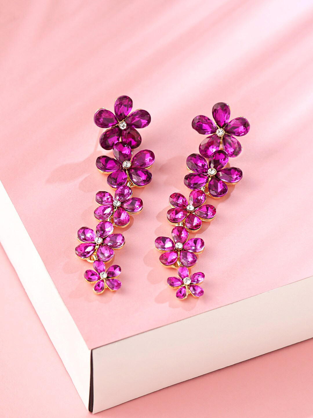 

Yellow Chimes Pink Floral Sparkling Crystal Studded Gold-Plated Drop Earrings