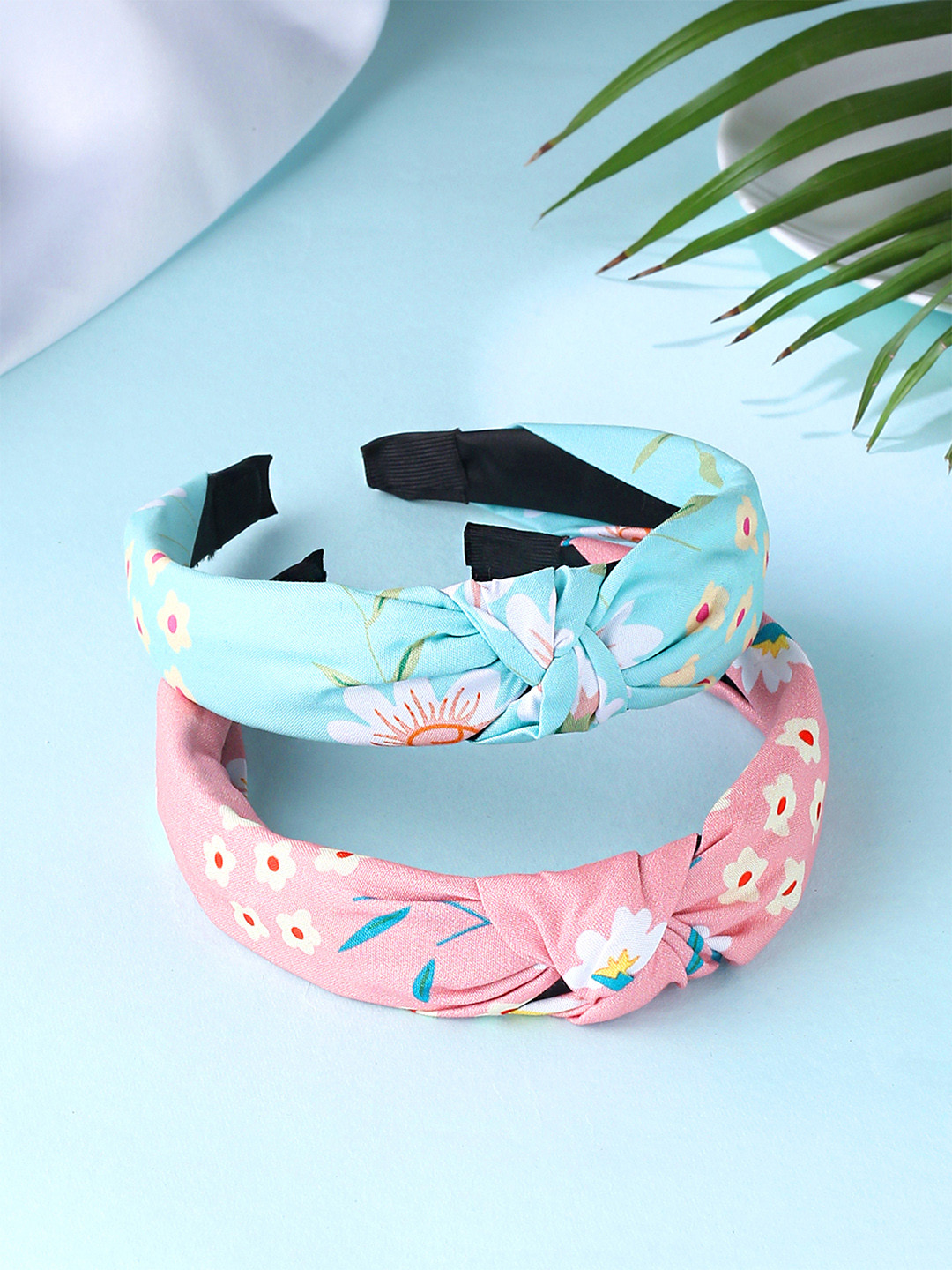 

Yellow Chimes Women Set of 2 Solid Fabric Knot Floral Printed Hairband, Pink
