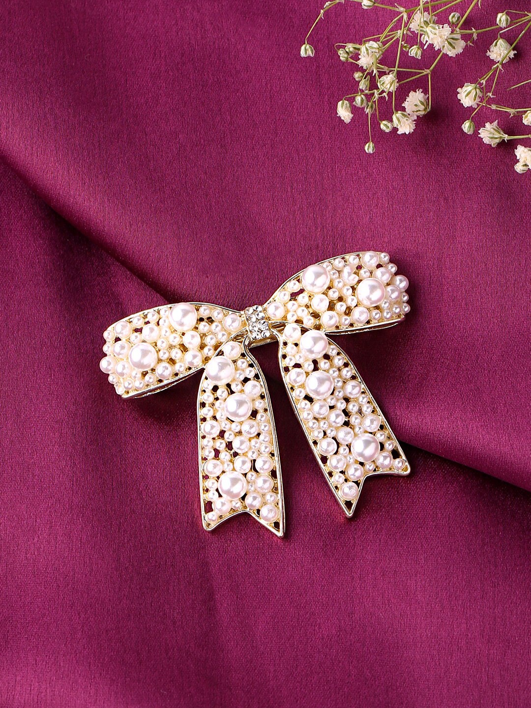 

Yellow Chimes Women Gold-Toned & Pearl Stone Studded Bow French Barrette