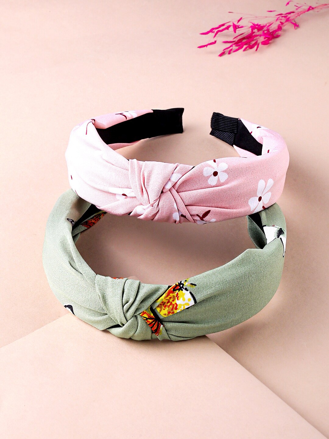 

Yellow Chimes Women Set of 2 Green & Pink Fabric Knot Floral Printed Hairbands