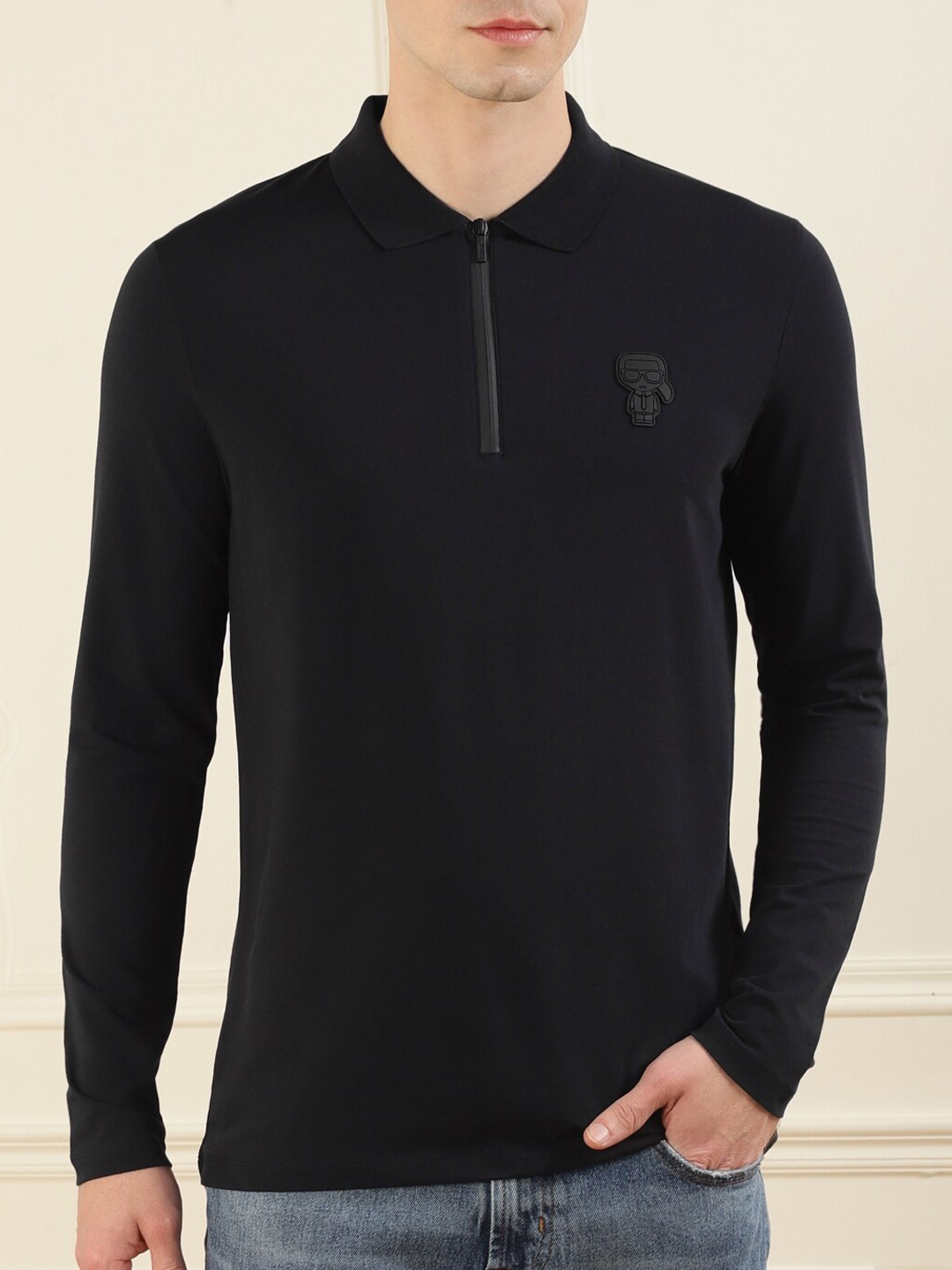 

Karl Lagerfeld Men Black Solid Cotton Polo Collar T-shirt