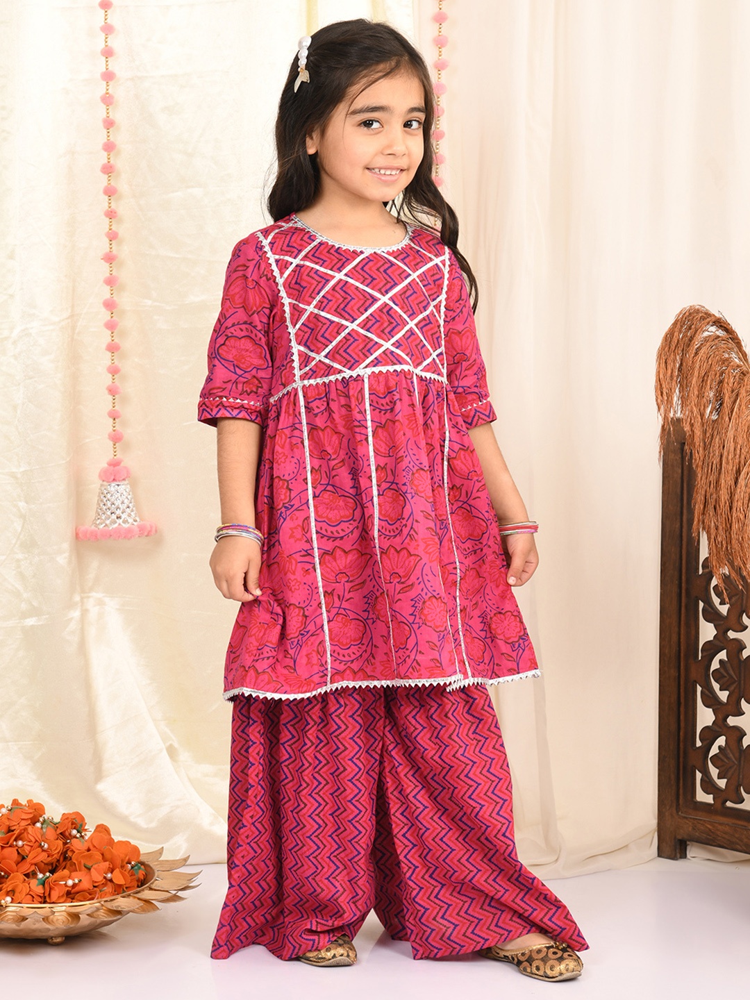 

Superminis Girls Pink Embroidered Pure Cotton Kurti with Sharara