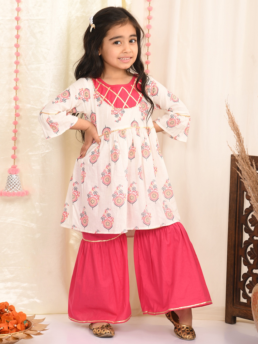 

Superminis Girls Blue Ethnic Motifs Printed Pure Cotton Kurti with Sharara