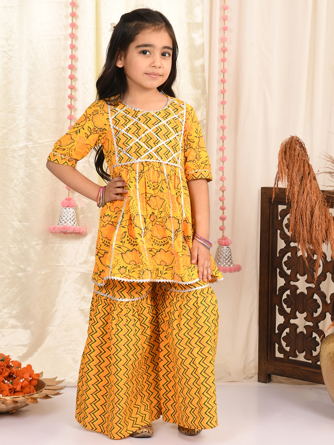 

Superminis Girls Yellow Yoke Design Gotta Patti Pure Cotton Kurti with Sharara & With Dupatta