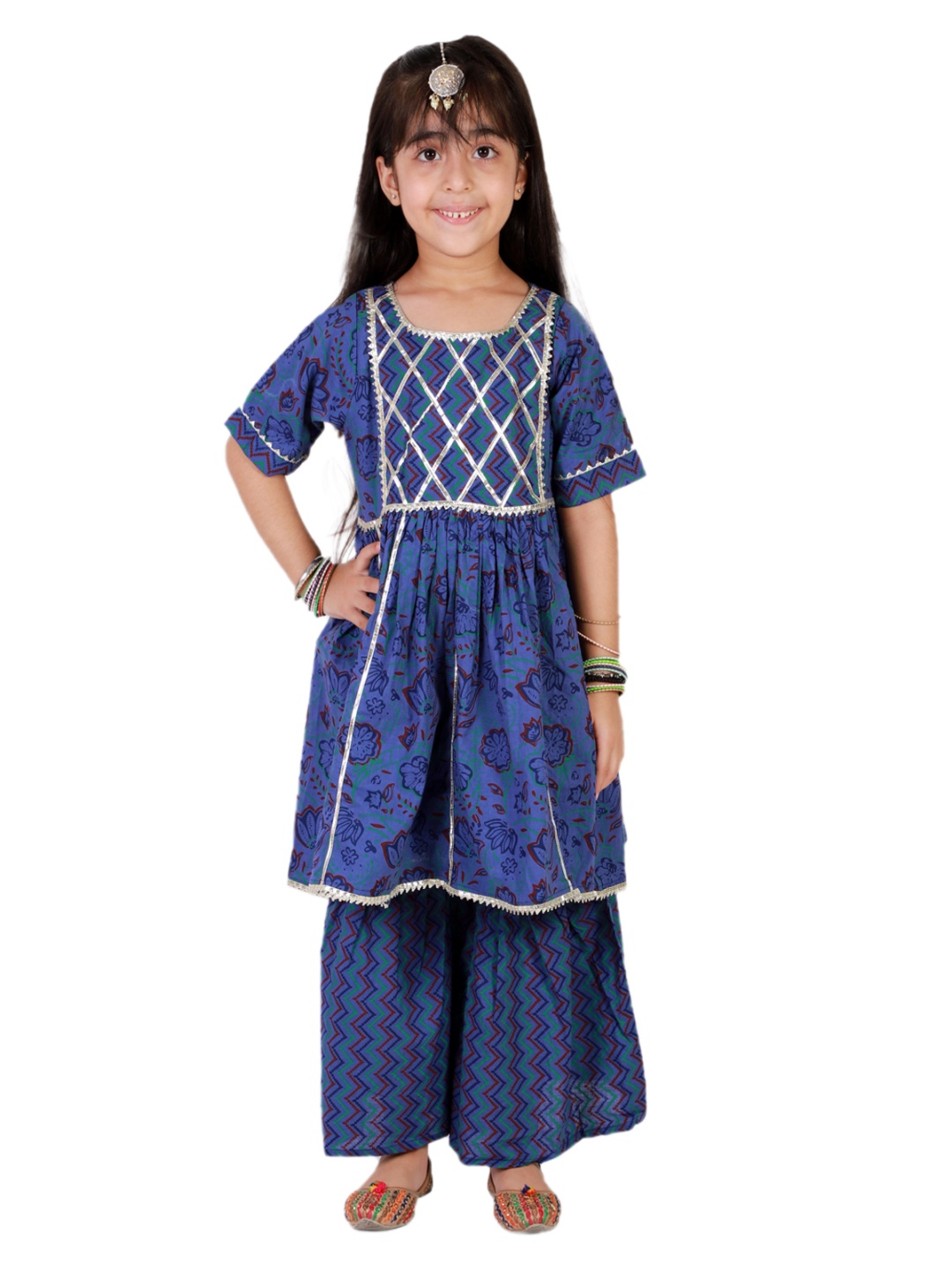 

Superminis Girls Navy Blue Floral Printed Empire Gotta Patti Pure Cotton Kurti with Sharara