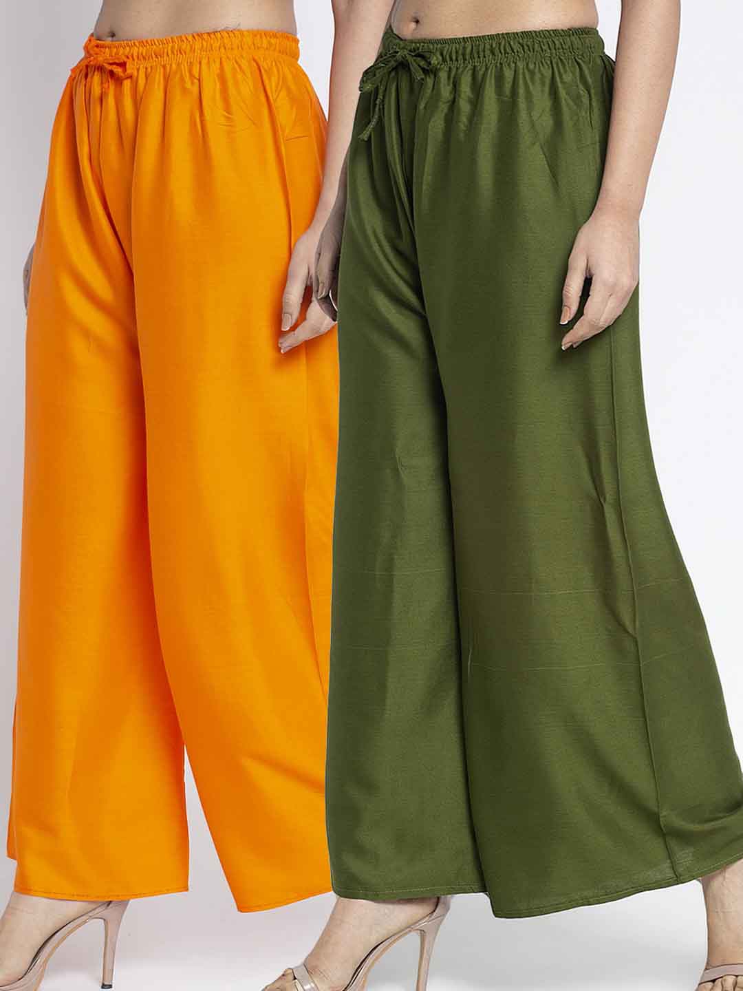 

GRACIT Women Pack Of 2 Orange & Green Rayon Solid Palazzos