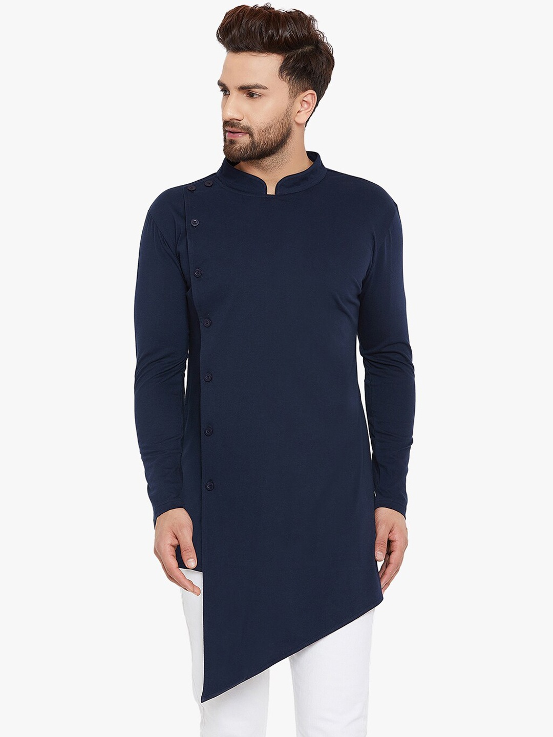 

Hypernation Men Navy Blue Asymmetric Kurta