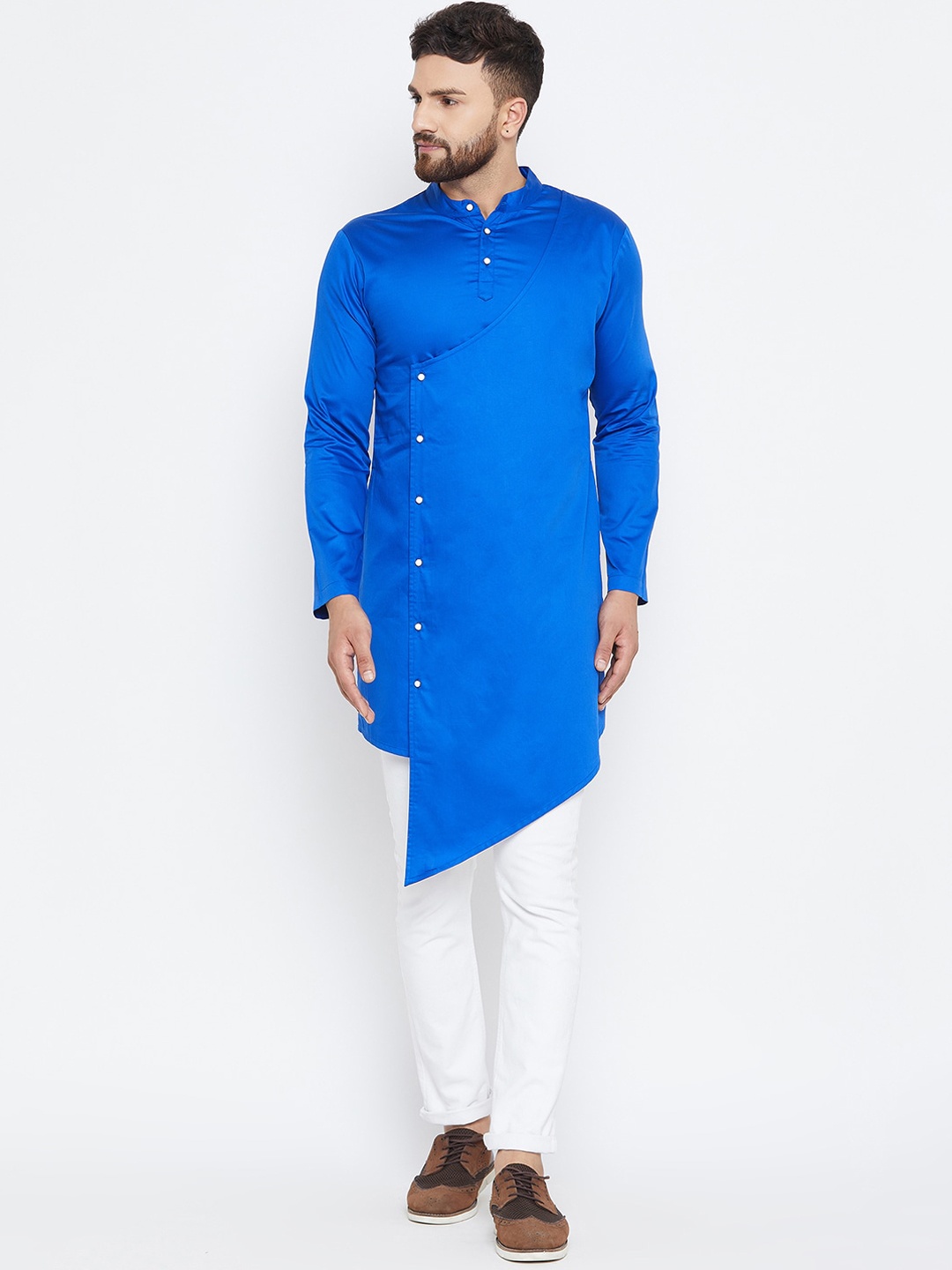 

Hypernation Men Blue Satin Asymmetric Hemline Kurta