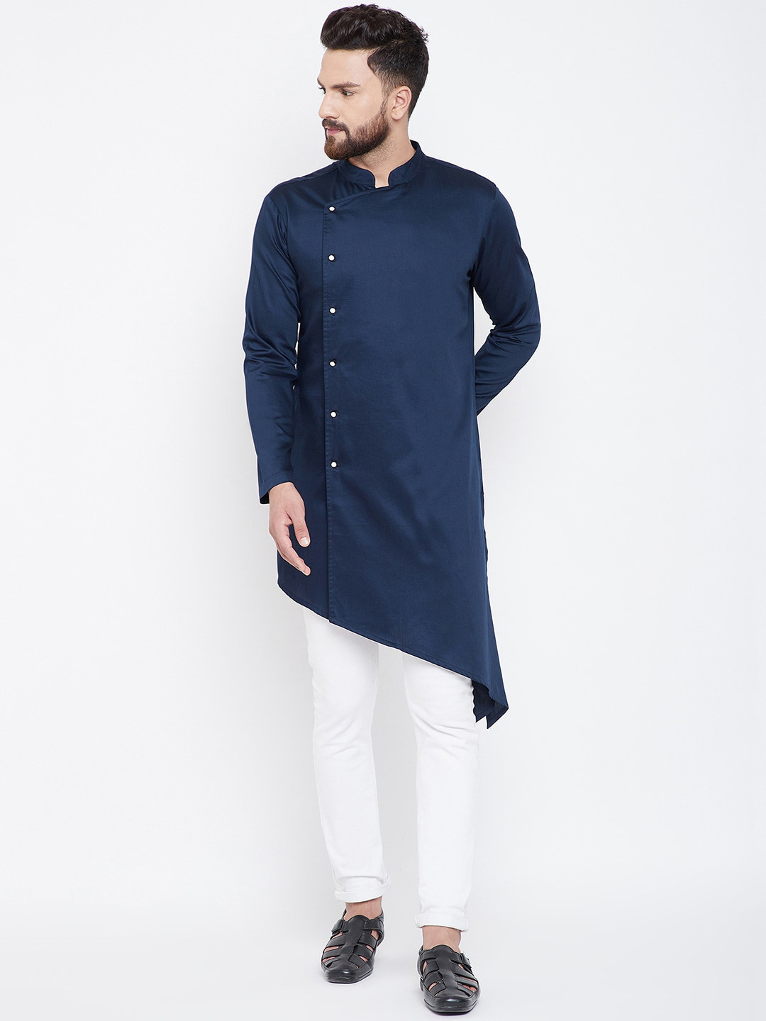 

Hypernation Men Navy Blue Satin Kurta