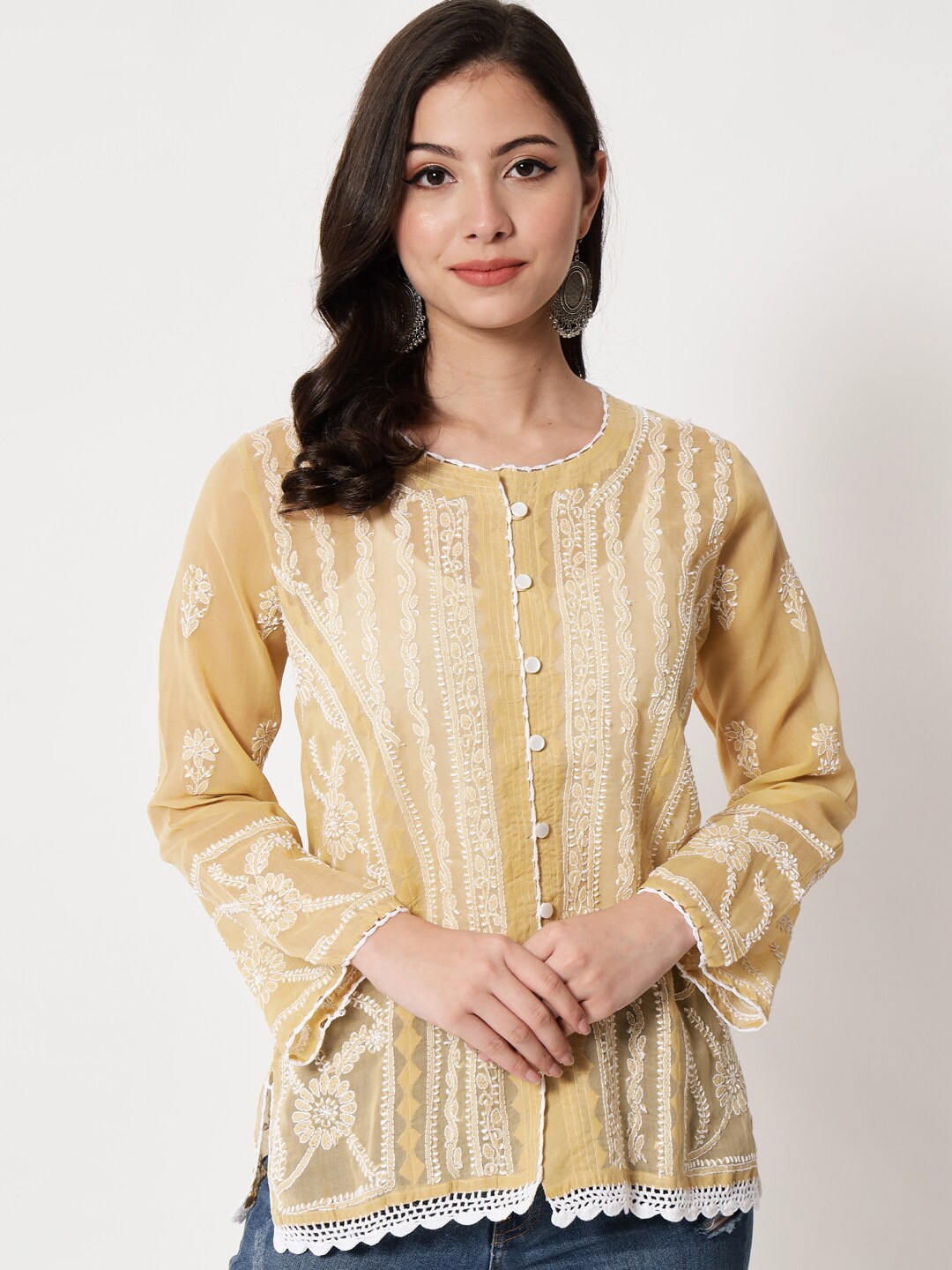 

PARAMOUNT CHIKAN Beige & White Embroidered Chikankari Cotton Tunic