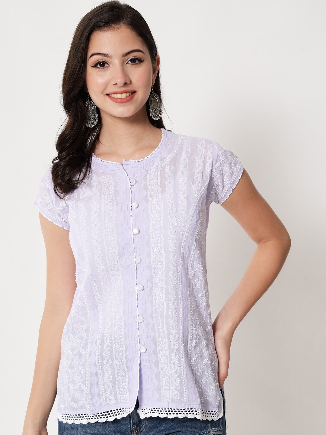 

PARAMOUNT CHIKAN Lavender Embroidered Chikankari Cotton Sheer Tunic