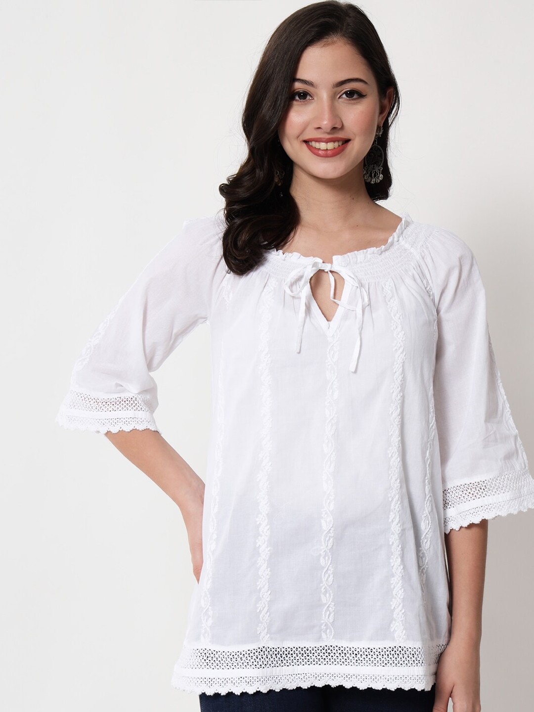 

PARAMOUNT CHIKAN Women White Ethnic Motifs Embroidered Chikankari Pure Cotton Chikankari Kurti