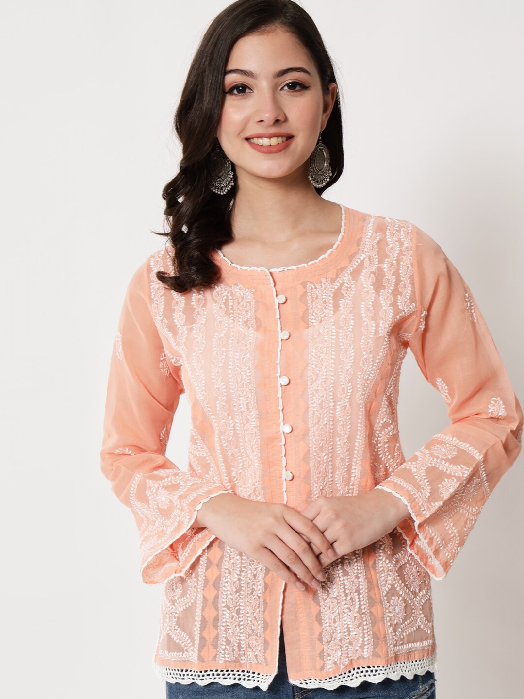 

PARAMOUNT CHIKAN Coral & White Embroidered Chikankari Pure Cotton Kurti