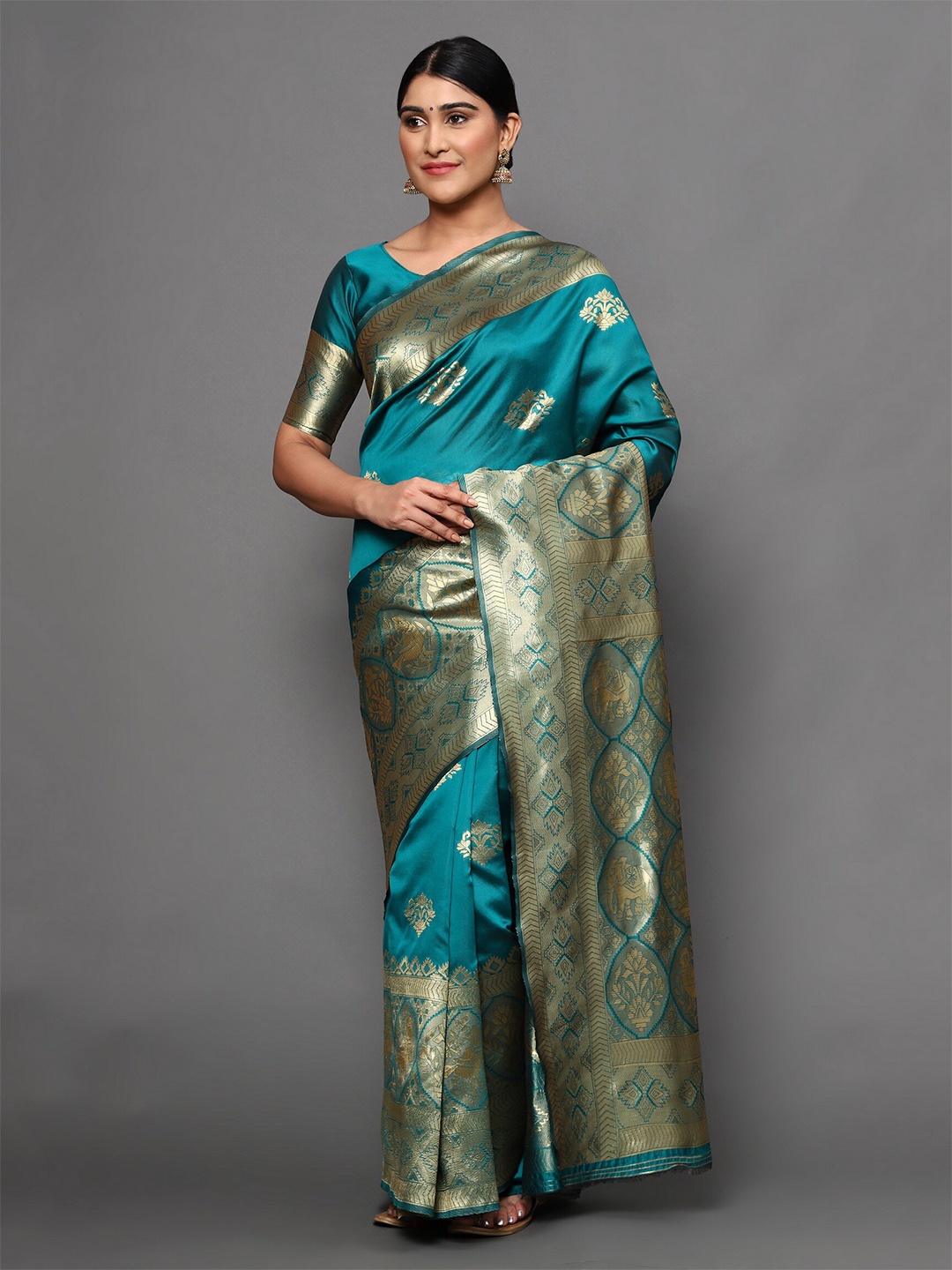 

Glemora Green & Gold-Toned Ethnic Motifs Zari Art Silk Kanjeevaram Saree