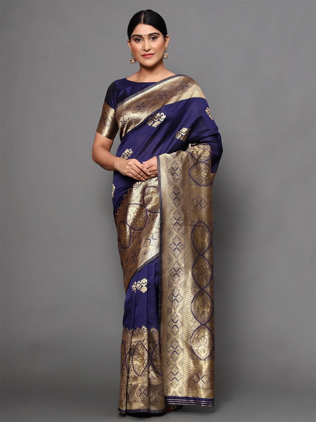 

Glemora Blue & Gold-Toned Ethnic Motifs Zari Art Silk Kanjeevaram Saree