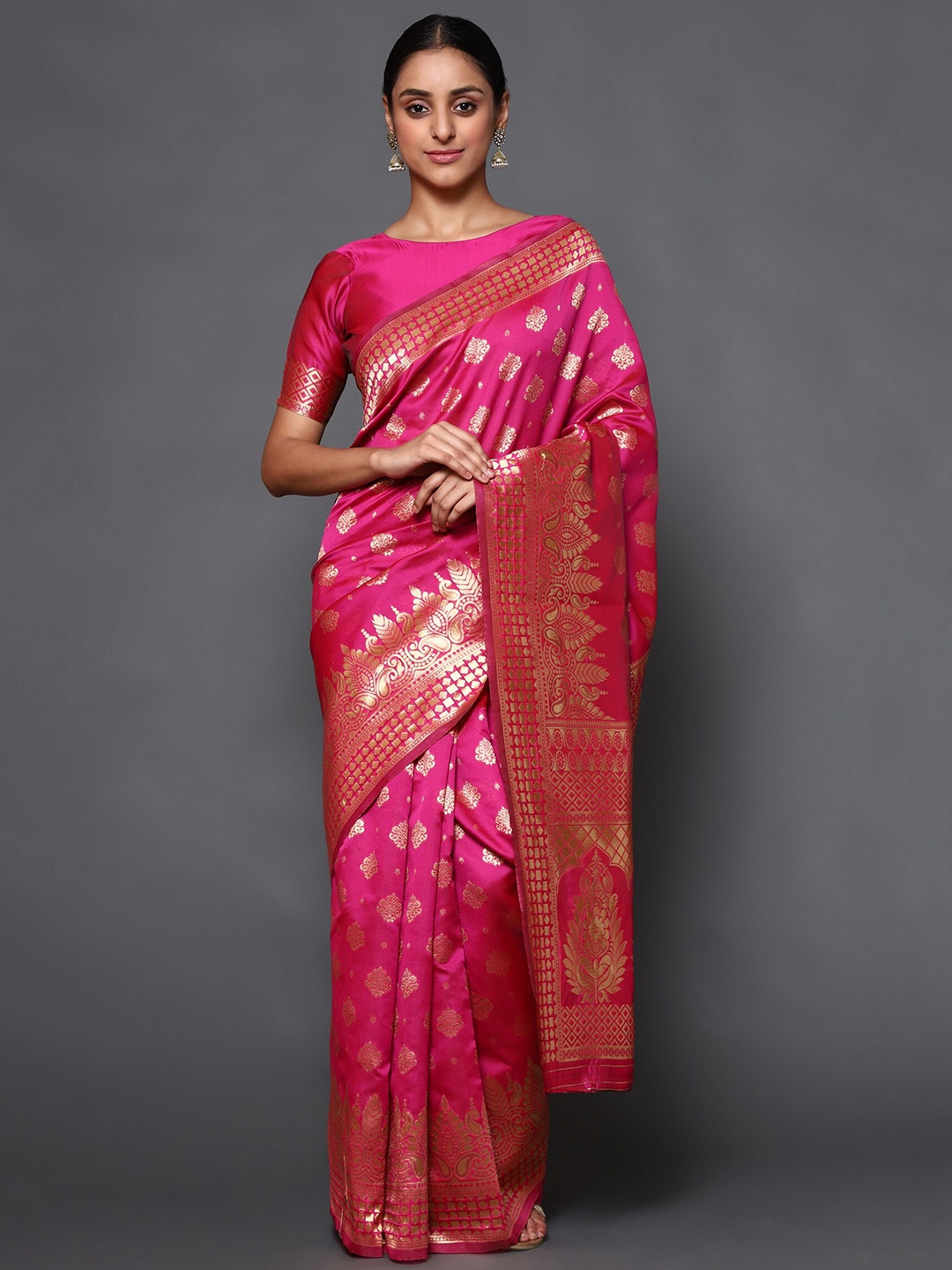 

Glemora Women Pink & Gold-Toned Woven Design Zari Art Silk Kanjeevaram Saree