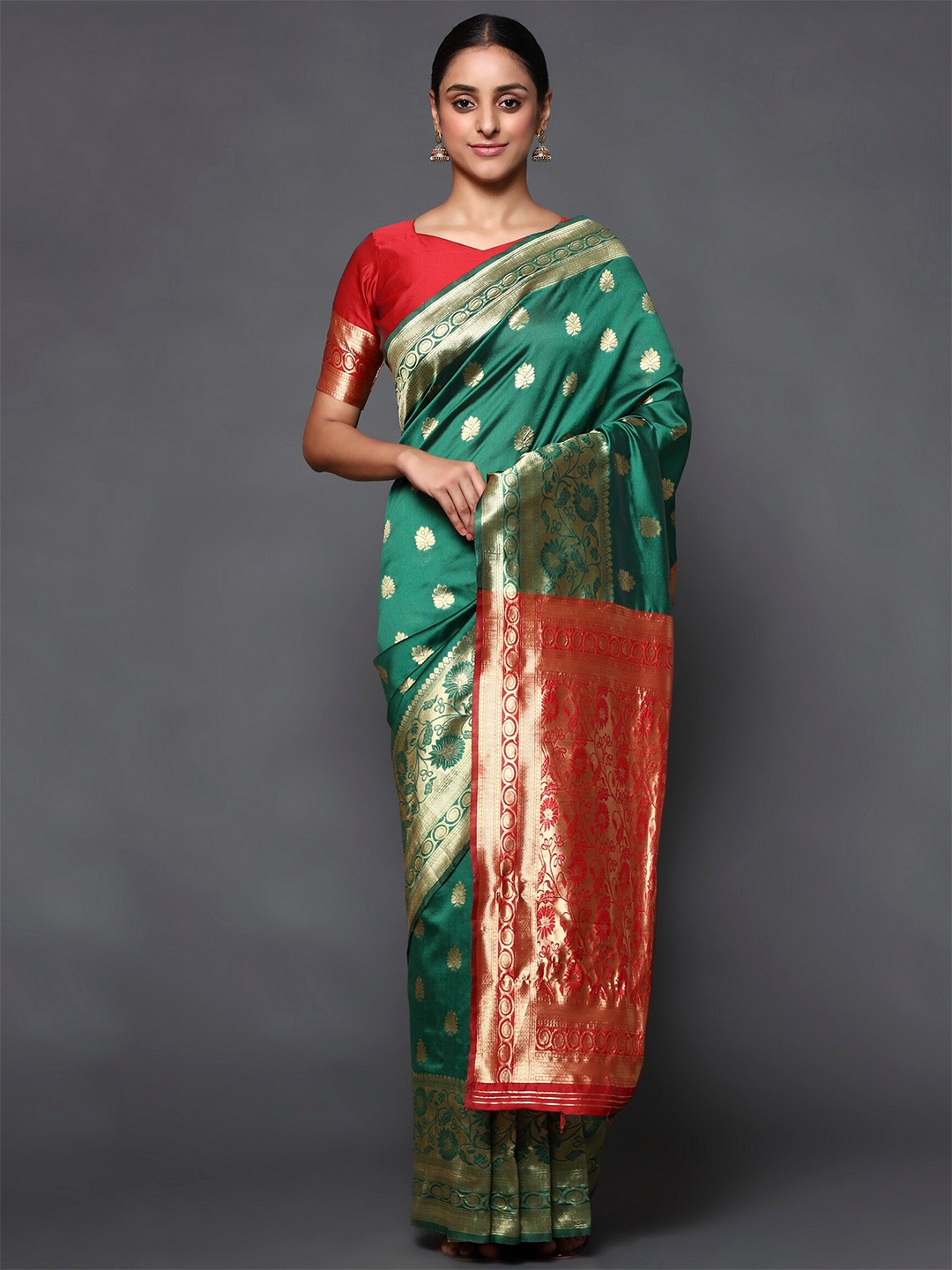 

Glemora Green & Red Woven Design Zari Art Silk Kanjeevaram Saree