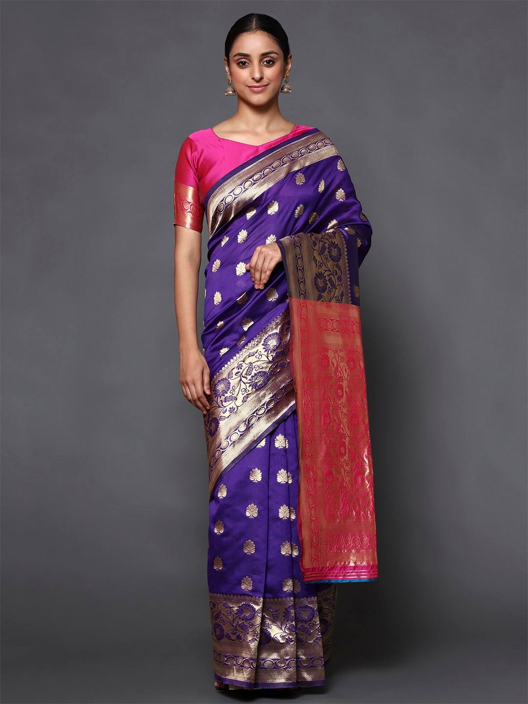 

Glemora Blue & Red Woven Design Zari Art Silk Kanjeevaram Saree
