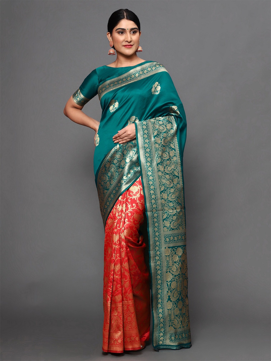 

Glemora Green & Red Ethnic Motifs Zari Art Silk Kanjeevaram Saree