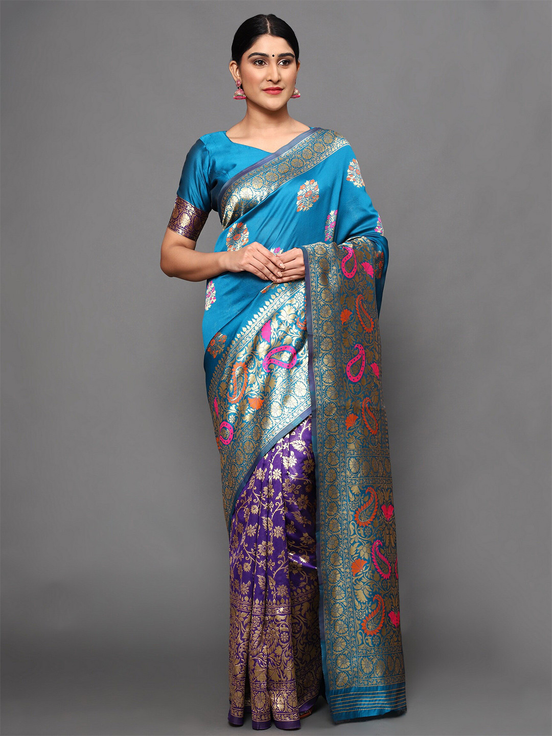 

Glemora Green & Purple Woven Design Zari Art Silk Kanjeevaram Saree