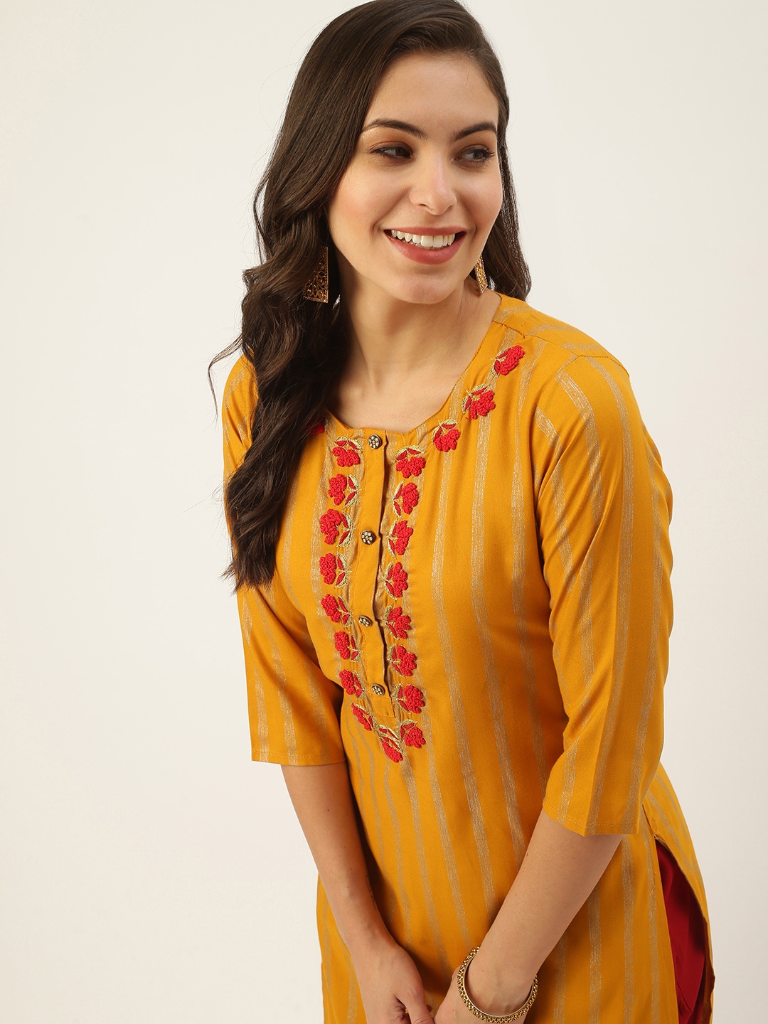 

SHOWOFF Women Mustard Yellow Floral Embroidered Striped Kurta