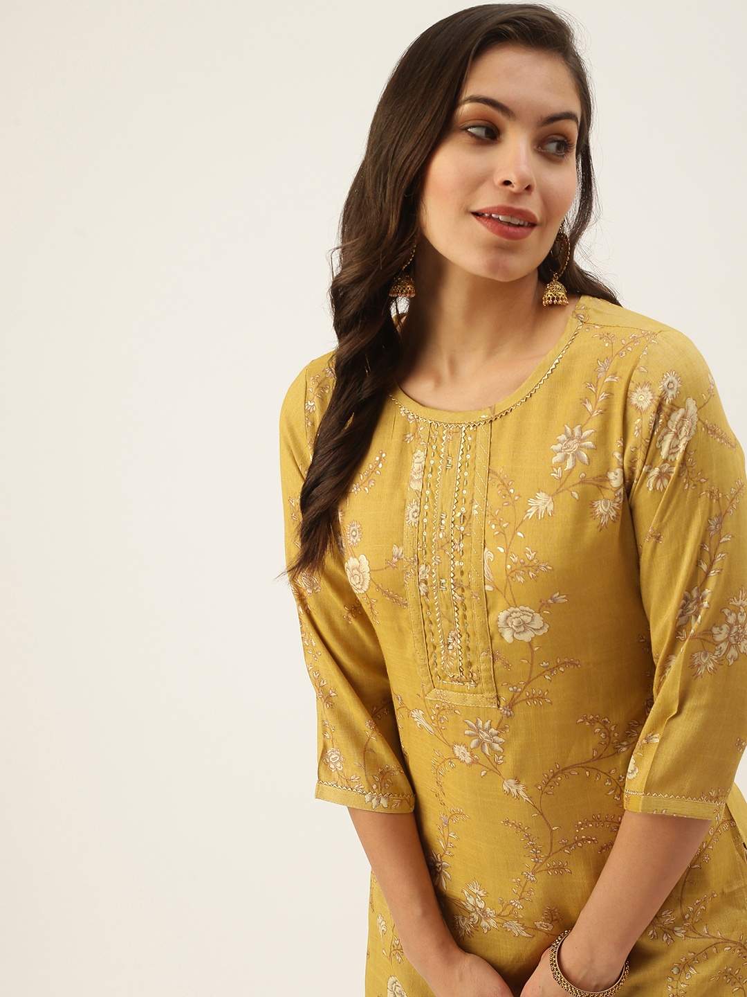 

SHOWOFF Women Mustard Yellow Ethnic Motifs Embroidered Floral Kurta