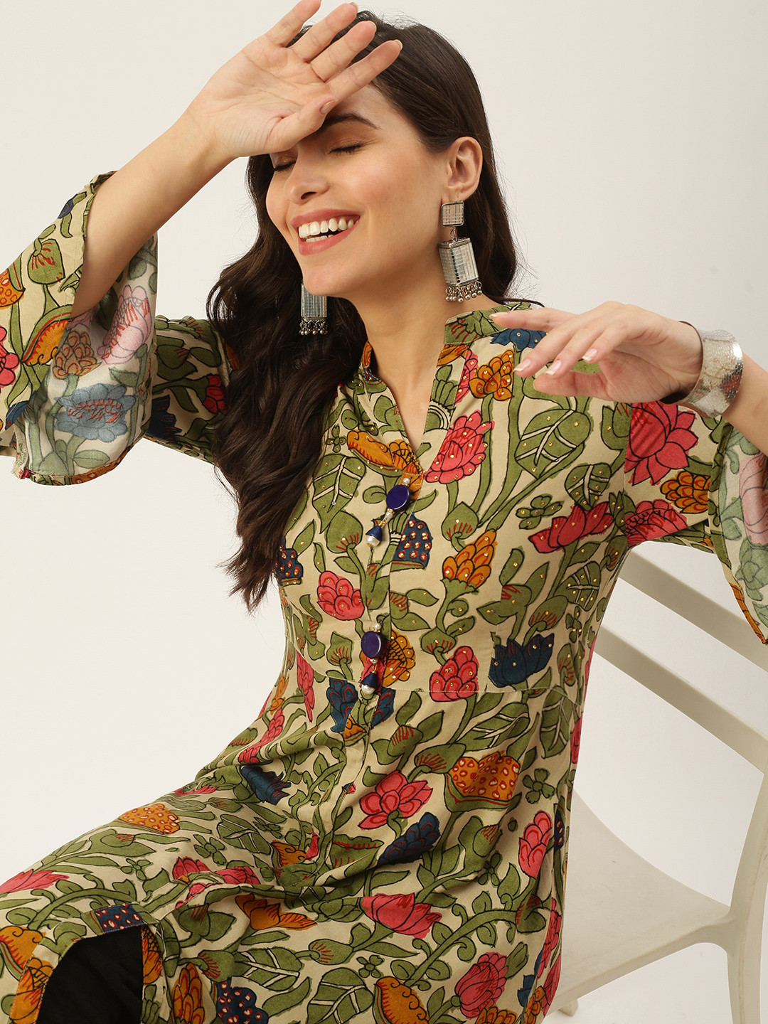 

SHOWOFF Women Beige & Green Printed Kurta