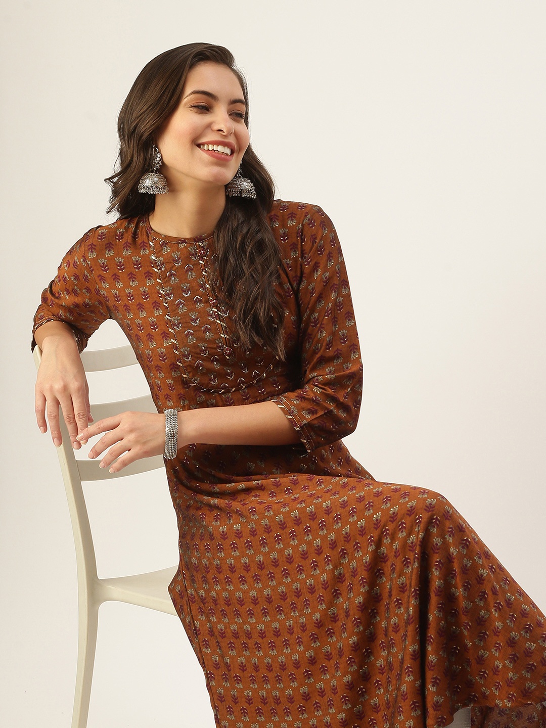 

SHOWOFF Women Brown Ethnic Motifs Printed Floral Kurta