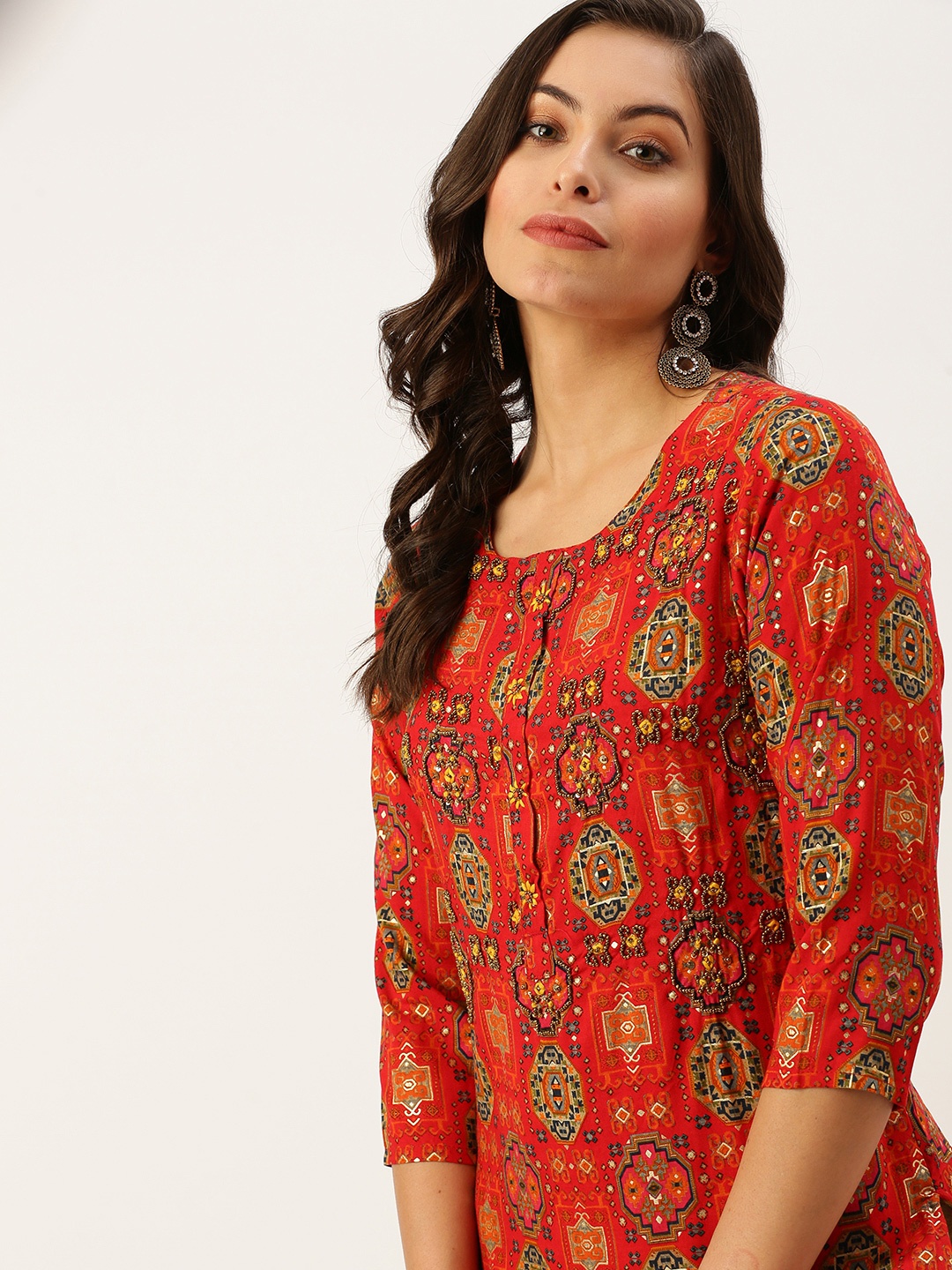 

SHOWOFF Women Red Ethnic Motifs Printed Mirror Work Kurta