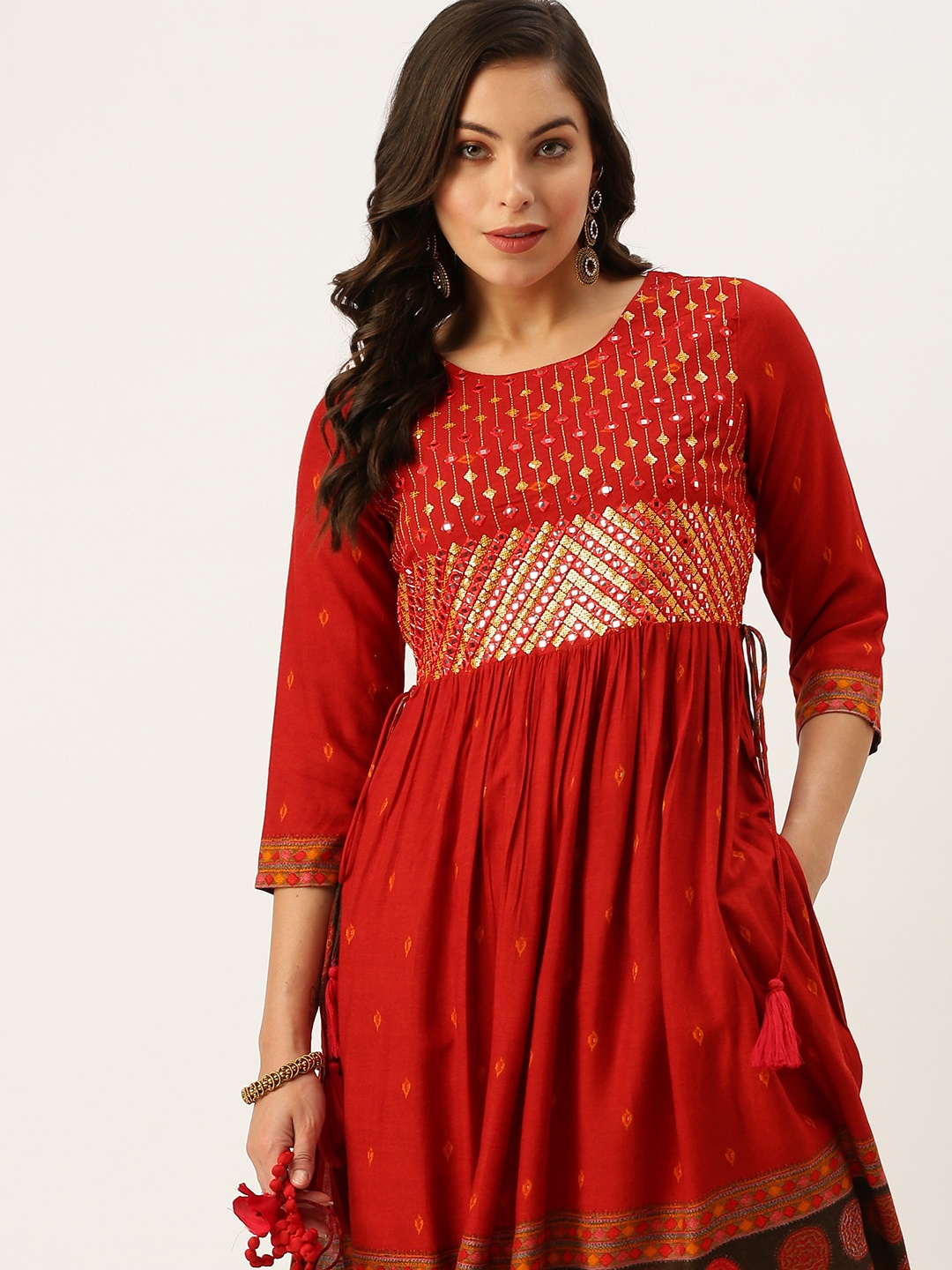 

SHOWOFF Women Rust Ethnic Motifs Printed Mirror Work Kurta