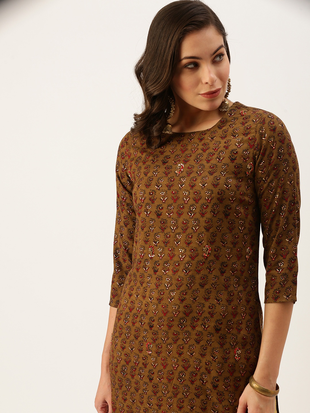 SHOWOFF Women Brown Floral Printed Floral Kurta