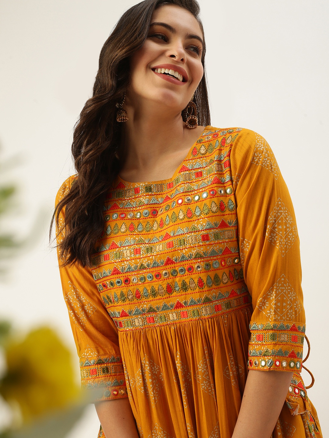 

SHOWOFF Women Mustard Floral Embroidered and Foil Print A-Line Kurta