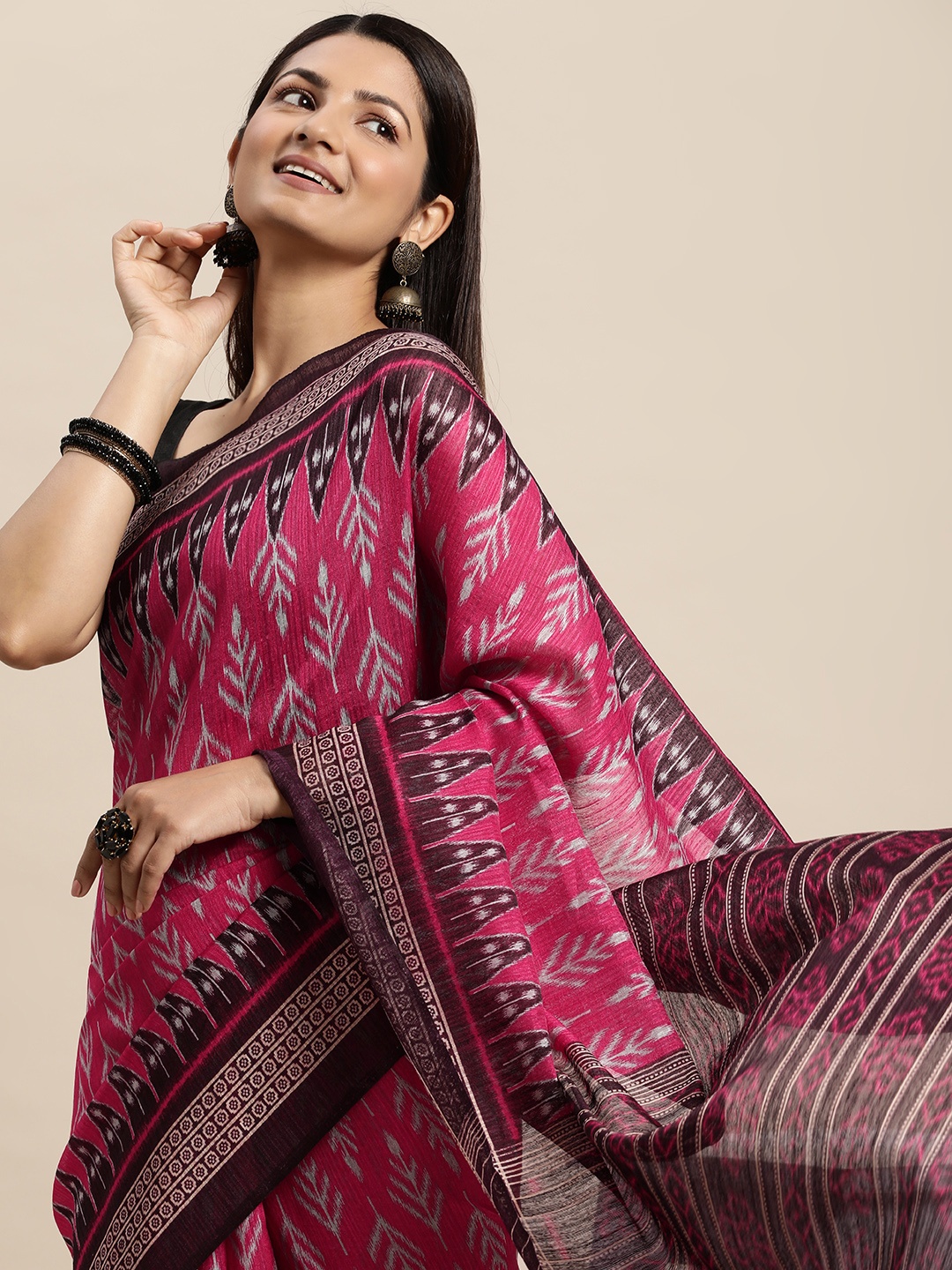 

Rani Saahiba Pink & Black Ethnic Motifs Linen Blend Sambalpuri Saree