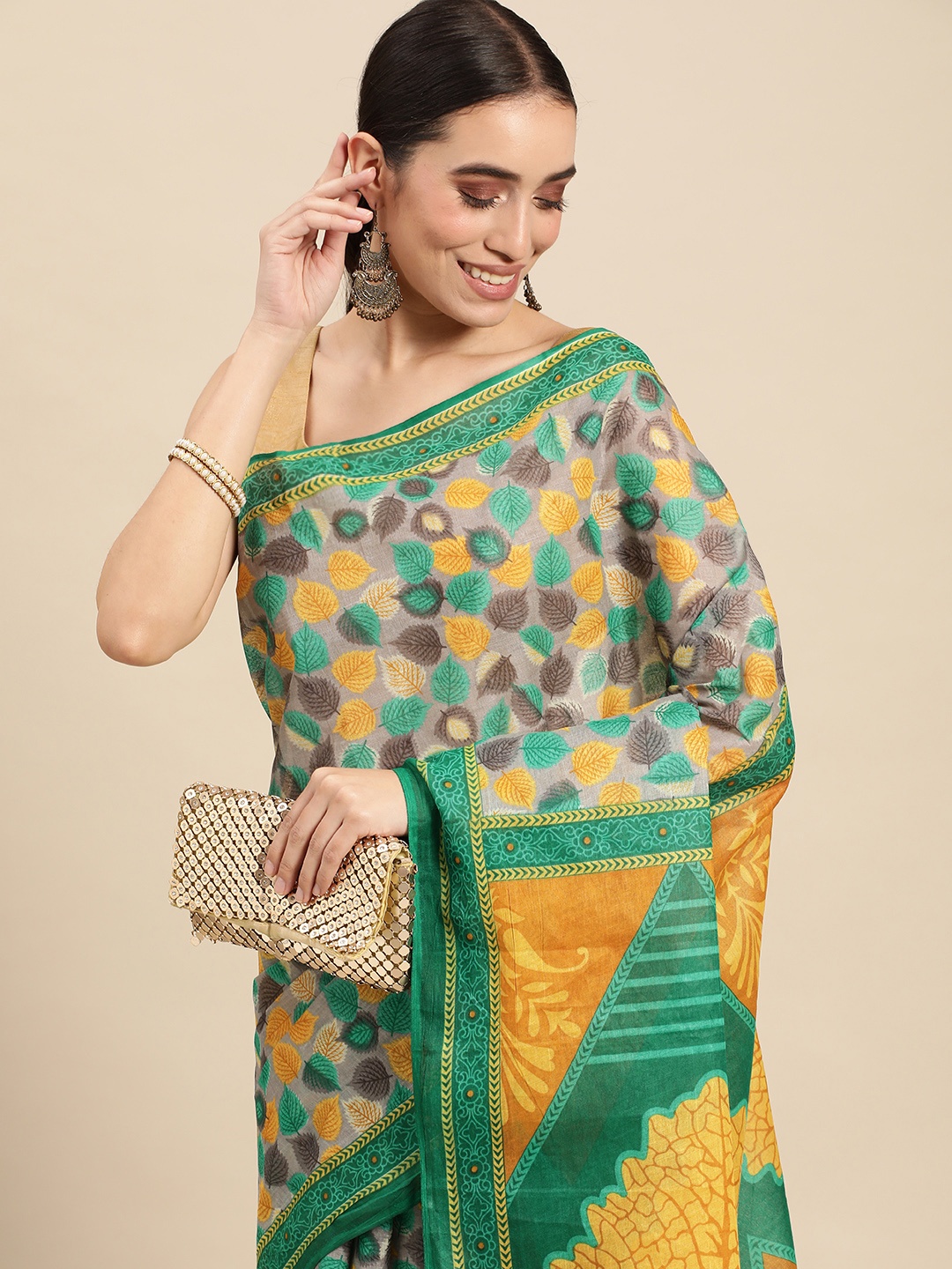 

Rani Saahiba Green & Grey Floral Pure Cotton Saree