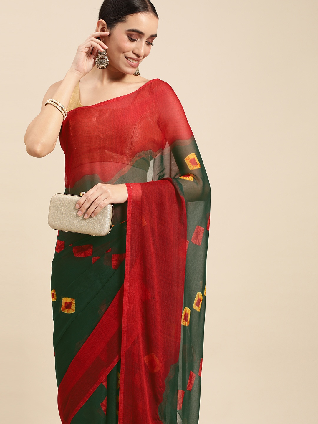 

Rani Saahiba Green & Red Bandhani Saree