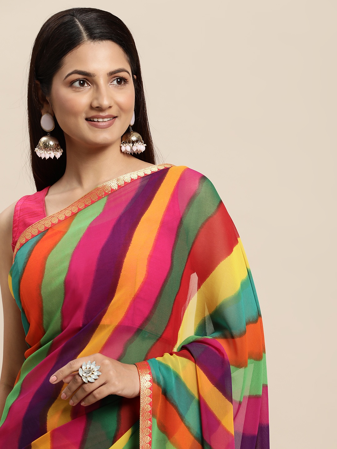

Rani Saahiba Multicoloured Leheriya Striped Poly Georgette Saree, Multi