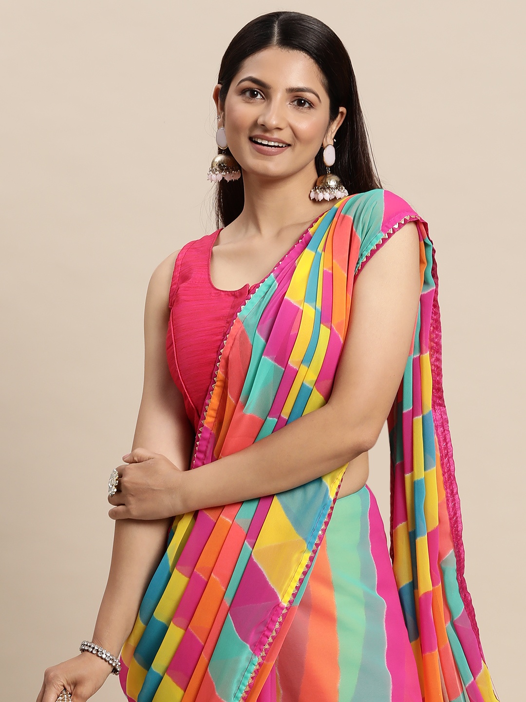 

Rani Saahiba Pink & Blue Leheriya Gotta Patti Leheriya Poly Georgette Saree