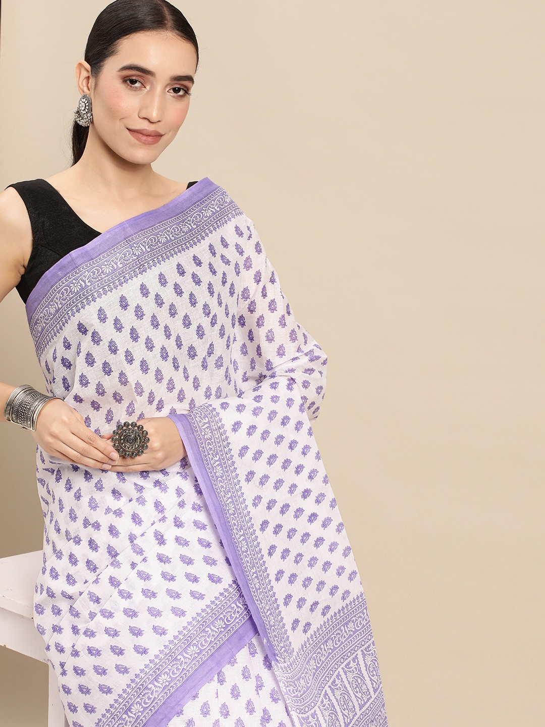 

Rani Saahiba White & Purple Bagh Pure Cotton Saree