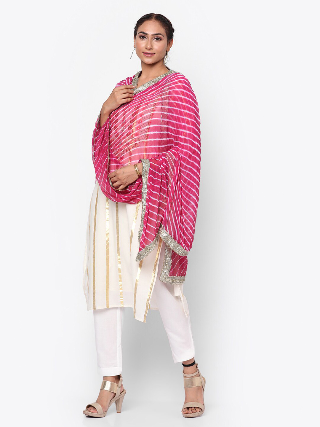 

Kastiel Pink & White Dyed Leheriya Dupatta