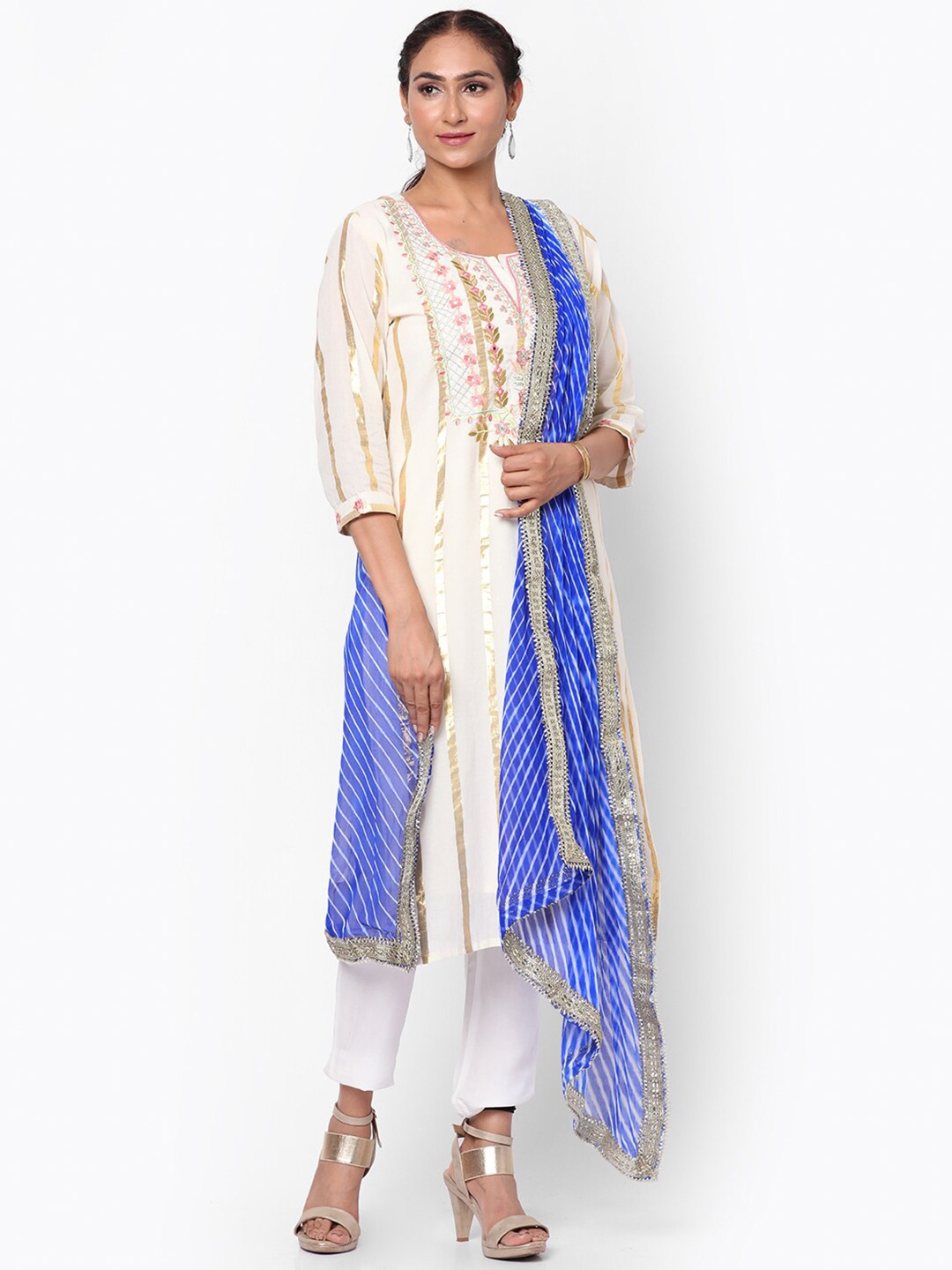 

Kastiel Women Navy Blue & Off White Leheriya Dupatta