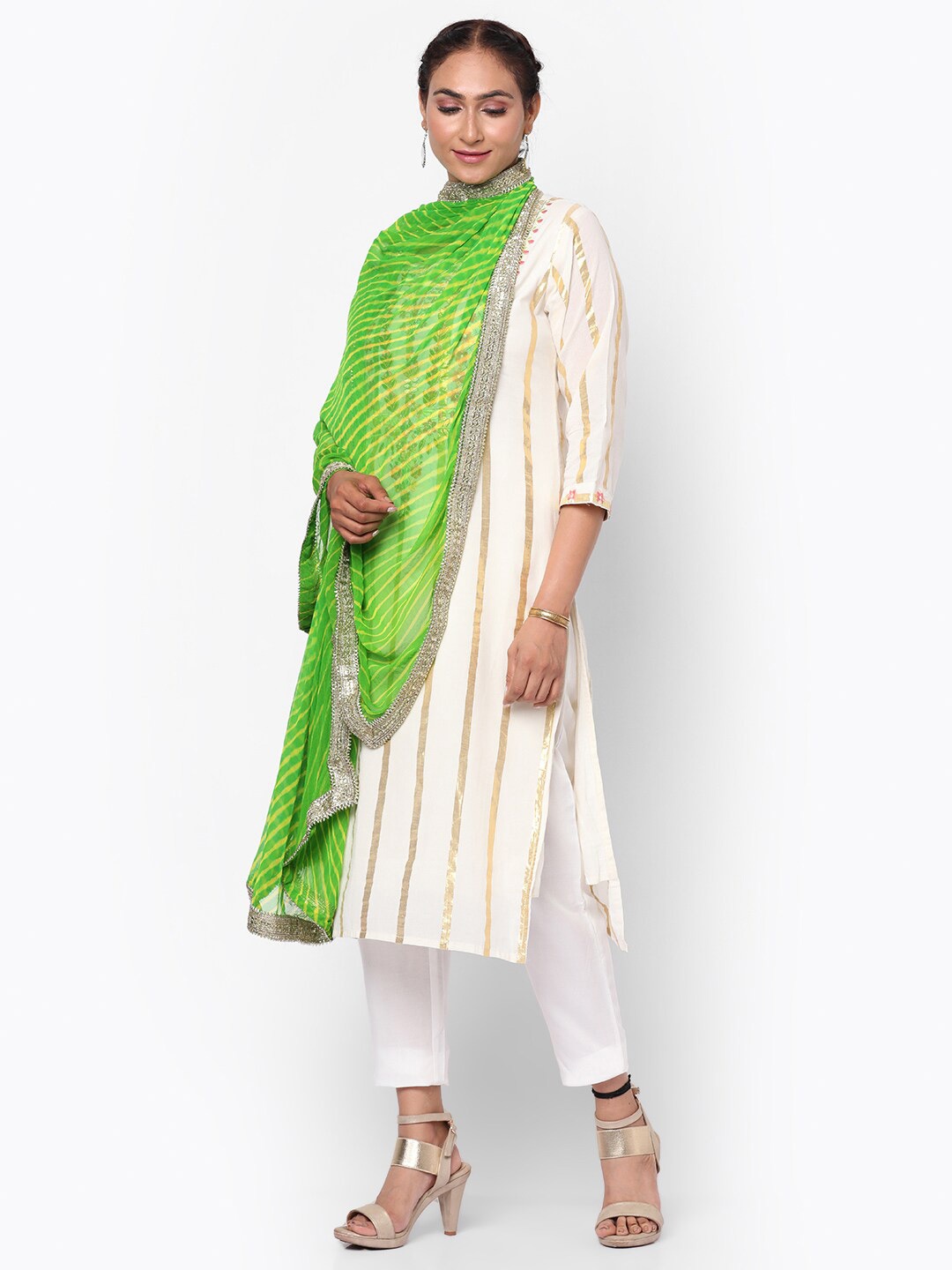 

Kastiel Lime Green & Gold-Toned Striped Leheriya Dupatta
