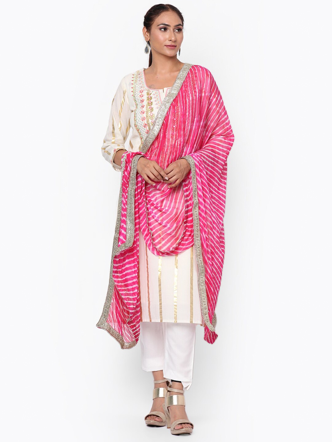 

Kastiel Women Pink & Off White Dyed Leheriya Dupatta