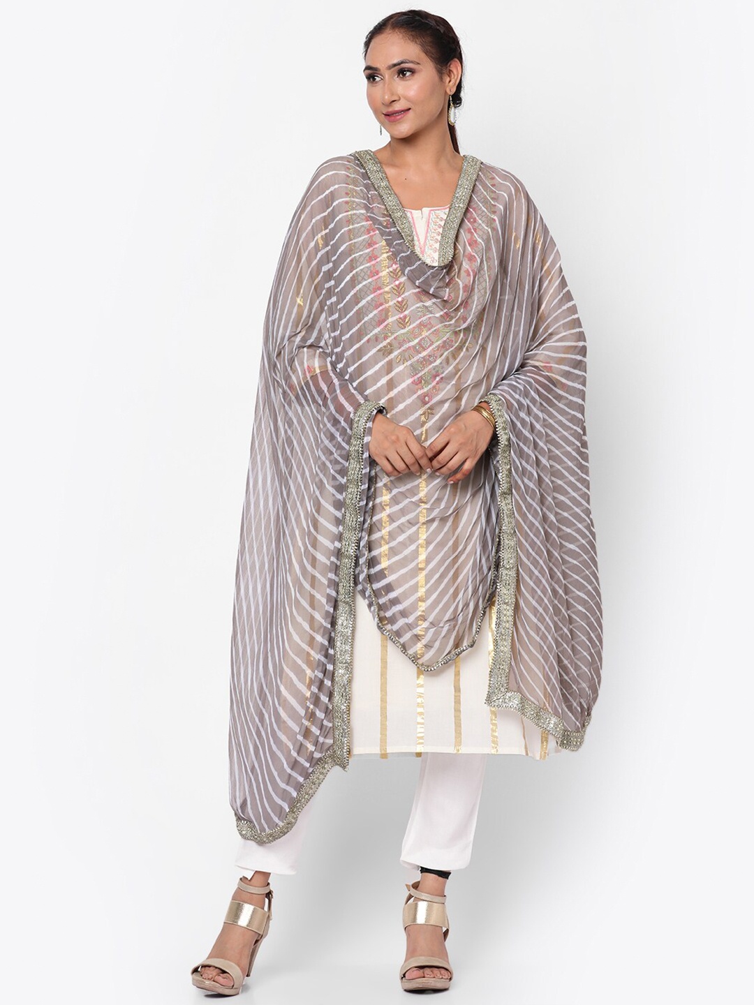 

Kastiel Grey & Off White Dyed Leheriya Dupatta