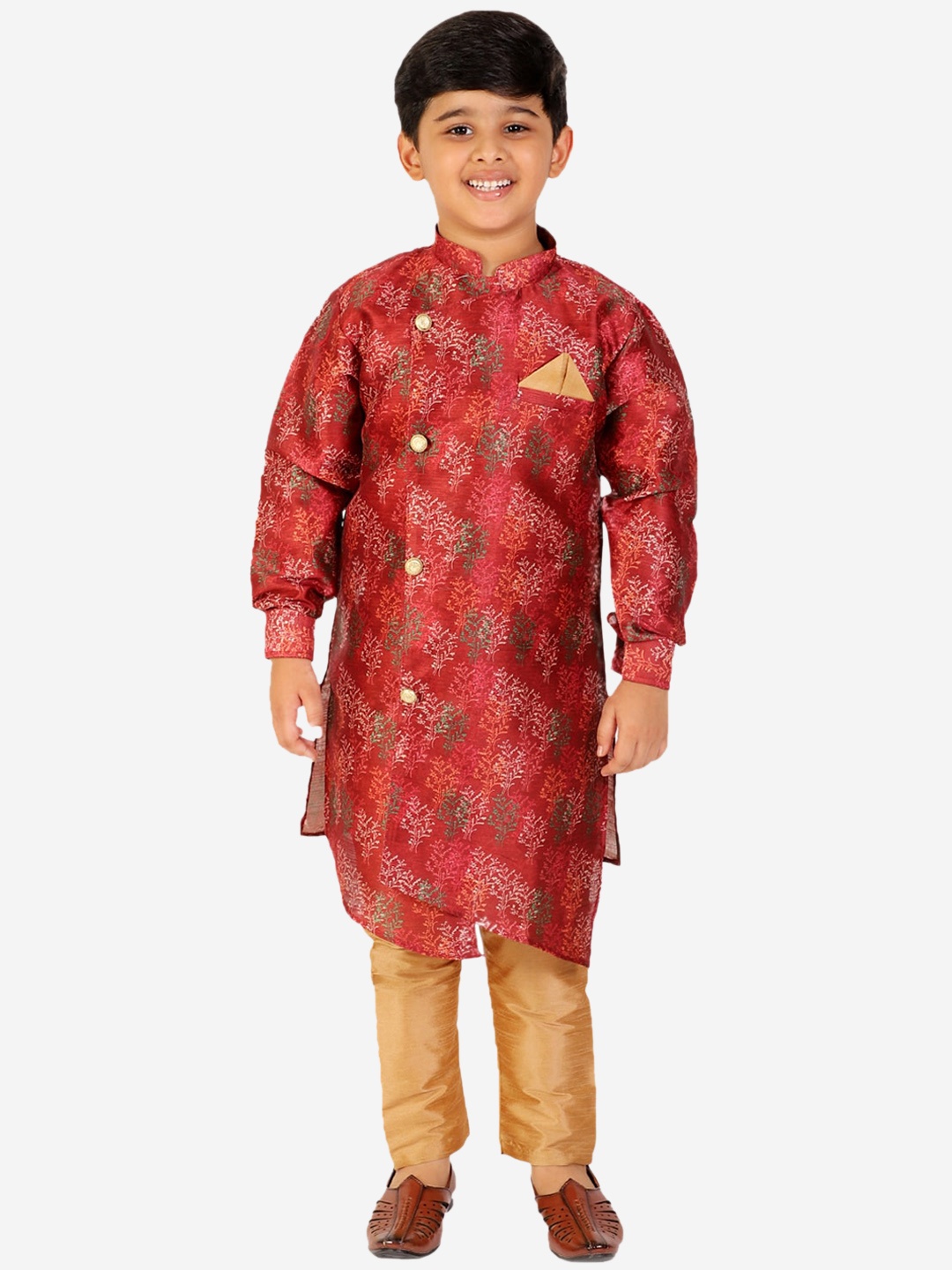 

Pro-Ethic STYLE DEVELOPER Boys Maroon Floral Printed Angrakha Pure Silk Kurta with Pyjamas