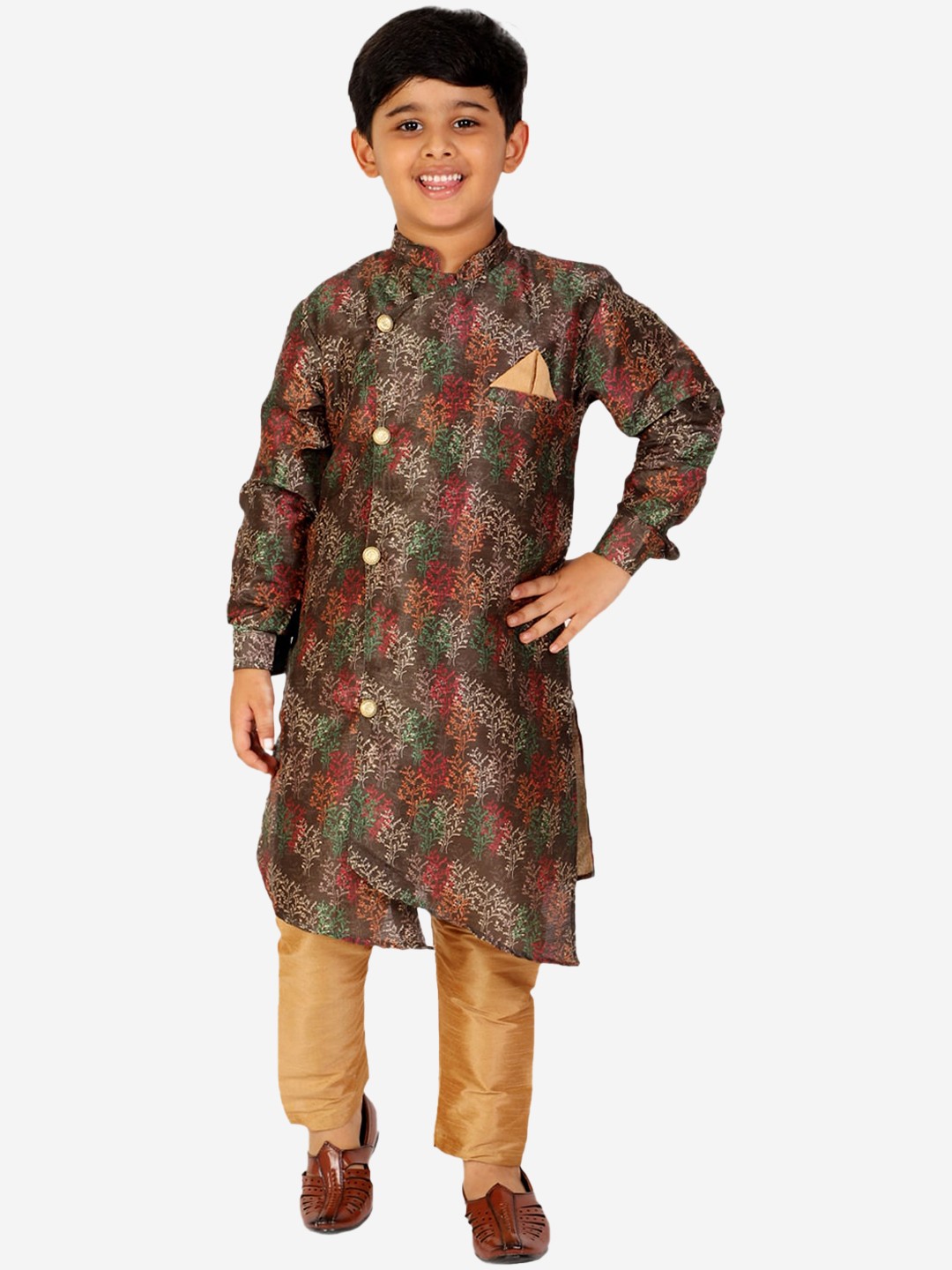 

Pro-Ethic STYLE DEVELOPER Boys Brown Floral Printed Pure Silk Kurta with Pyjamas