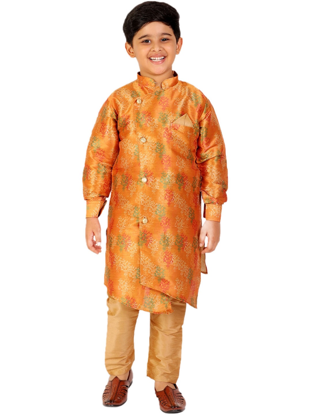 

Pro-Ethic STYLE DEVELOPER Boys Mustard Yellow Floral Printed Angrakha Pure Silk Kurta with Churidar