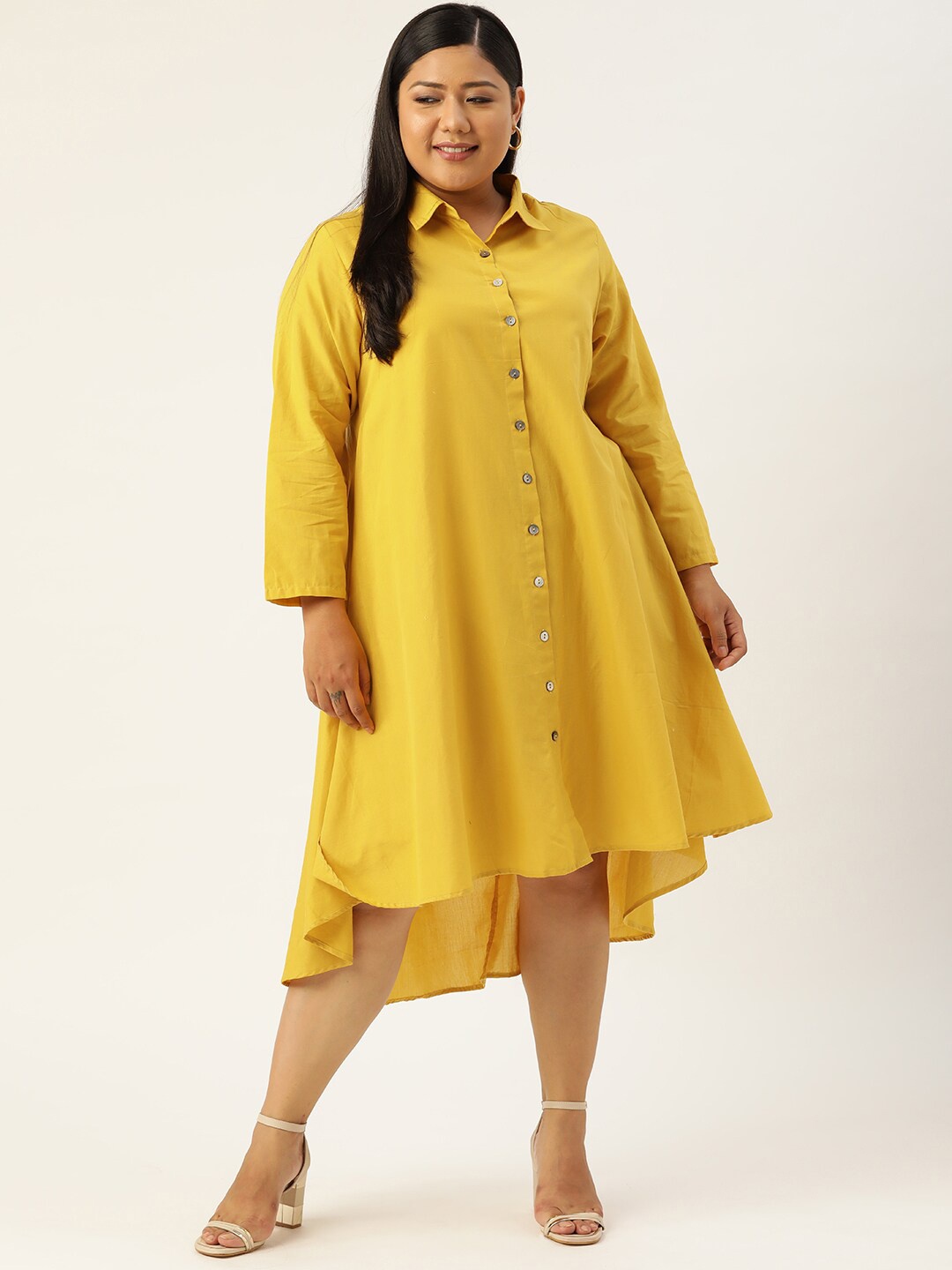 

theRebelinme Women Plus Size Mustard Yellow Cotton Shirt Midi Dress