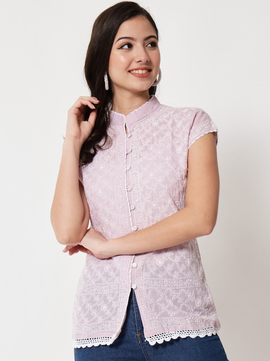 

PARAMOUNT CHIKAN Women Lavender & White Embroidered Cotton Mandarin Collar Tunic